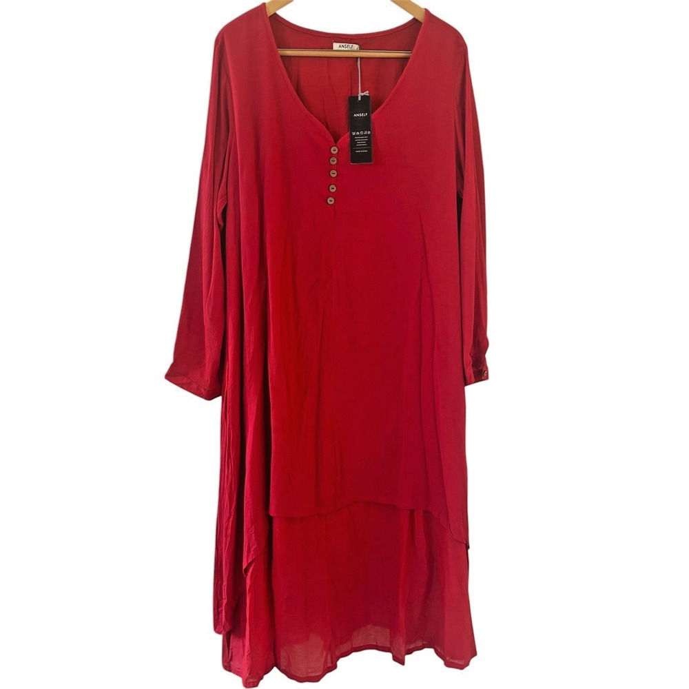NWT‎ Lagenlook Dress Size 3XL Red Bohemian Layered Maxi Hi Low Hippie Teacher